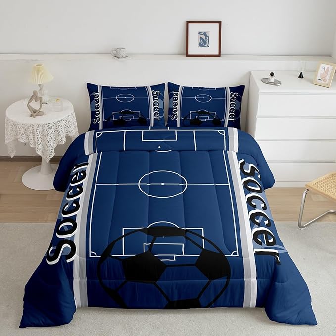 Feelyou Kids Soccer Ball Game Comforter Set Full Size Rugby Sports Bedding Set for Boys Girls Teens Bedroom Decor Football Comforter Football Lover Duvet Set with 2 Pillow Case