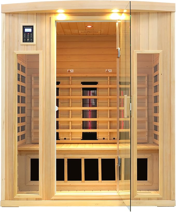 3 Person Infrared Sauna, Ceramic Infrared Sauna 3 Person, Far Infrared Saunas for Home, Low EMF Infrared Indoor Sauna, Hemlock Wooded Sauna Room, Bluetooth Speakers, Chromotherapy Lights