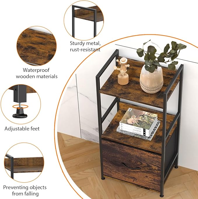 Book Shelf with Storage 3 Tier Narrow Skinny Short Standing Shelves Bookcase with Drawers for Bedroom Living Room, Small Bookshelf for Small Space Rustic Shelf Organizer Office Display Shelf