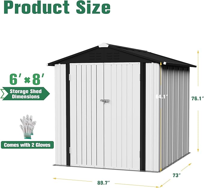 Flamaker 6x8 FT Storage Shed Waterproof Metal Garden Shed with Lockable Door Utility Tool Shed Outdoor Storage for Backyard, Patio and Lawn, White