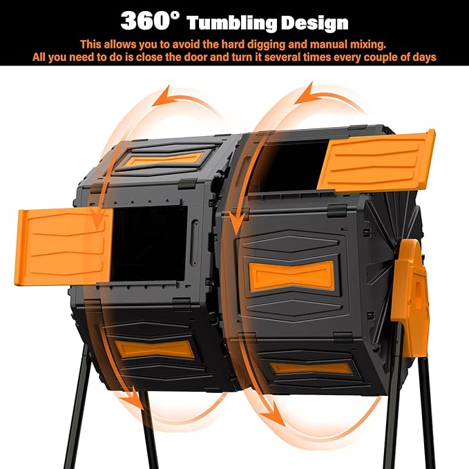 Compost Tumbler, Easy Assemble & Efficient Outdoor Compost Bin, 45 Gallon/170 Liter Large Dual Chamber Rotating Composter for Garden, Kitchen, and Yard Waste, Orange Door