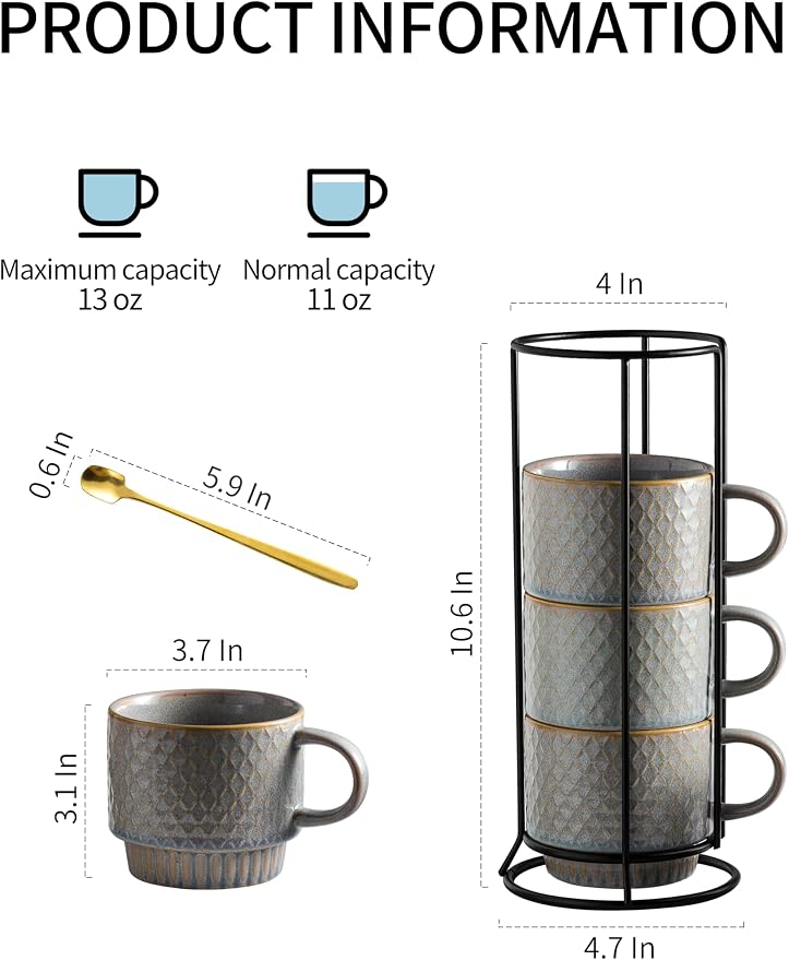 Gomakren Stackable Coffee Mugs Set of 4 Coffee Cups with Stand, Light Gray | 13oz Ceramic Embossed Grid Mugs, Black Metal Storage Rack, Lead-Free Dishwasher Safe, with Gold Spoons for Home Coffee Bar