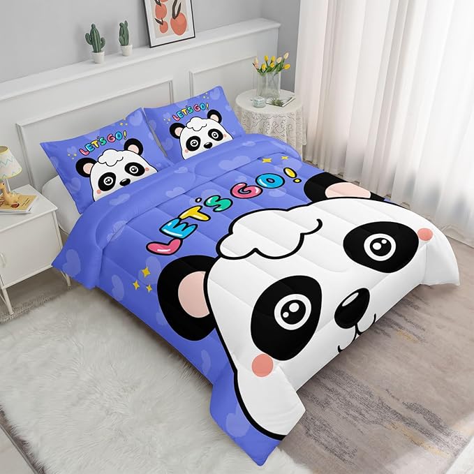 Datura home Panda Comforter Bedding Set for Boys Girls Kids Teens,Cartoon Panda Blue Heart Kawaii Animal Theme with 1 Comforter and 2 Pillowcases(Panda Full)