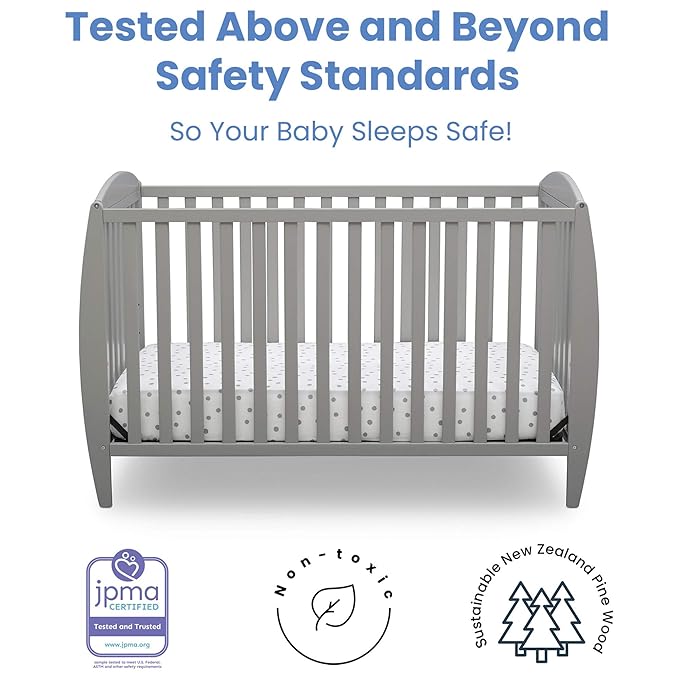 Delta Children Twinkle 4-in-1 Convertible Baby Crib, Sustainable New Zealand Wood, Grey and Delta Children Twinkle Galaxy Dual Sided Recycled Fiber Core Crib and Toddler Mattress (Bundle)