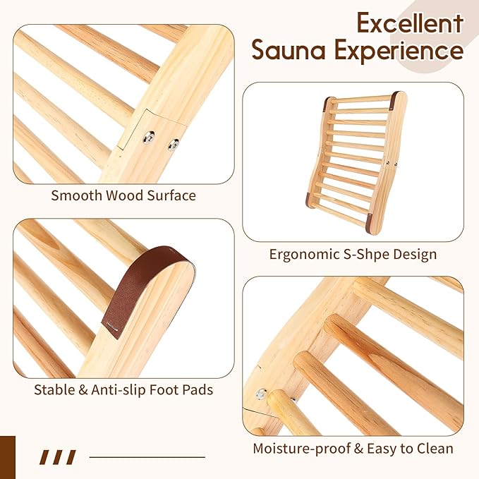 Sauna Backrest Infrared Sauna Accessories Wooden Sauna Back Support with Anti-Slip Rubber S-Shaped Comfortable Back Rest for Any Barrel or Infrared Sauna