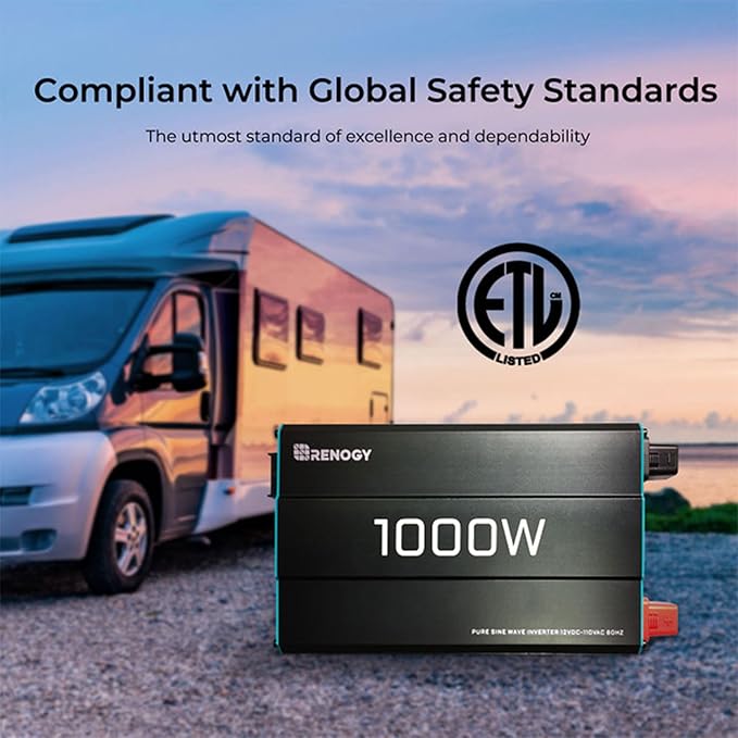 Renogy 1000W Pure Sine Wave Inverter 12V DC to 120V AC Converter for Home, RV, Truck, Off-Grid Solar Power 110V with Built-in 5V/2.1A USB Port, Hardwire Remote Controller