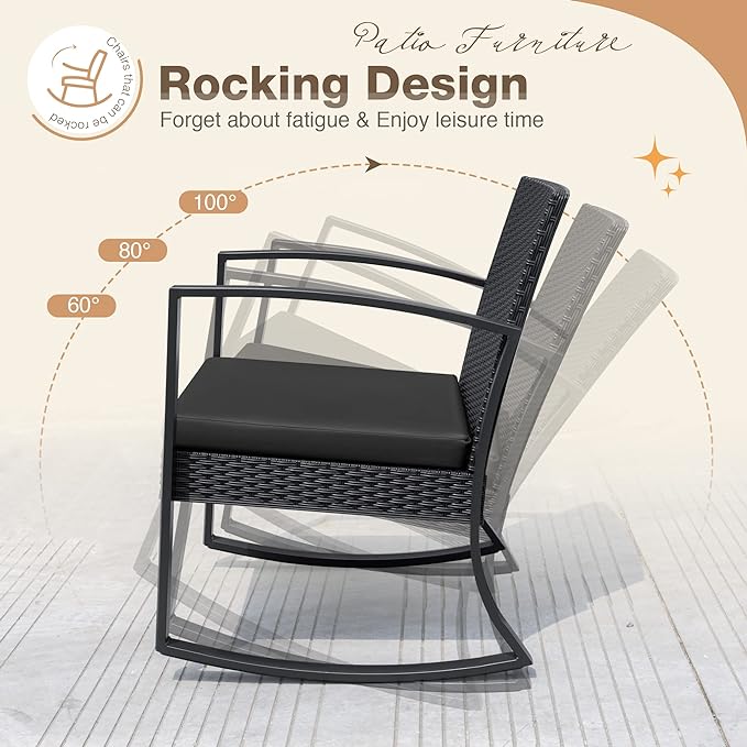 Greesum 3 Pieces Outdoor Furniture Set Patio Bistro Rocking Chairs with Glass Coffee Table for Pool Beach Backyard Balcony Porch Deck Garden, Black