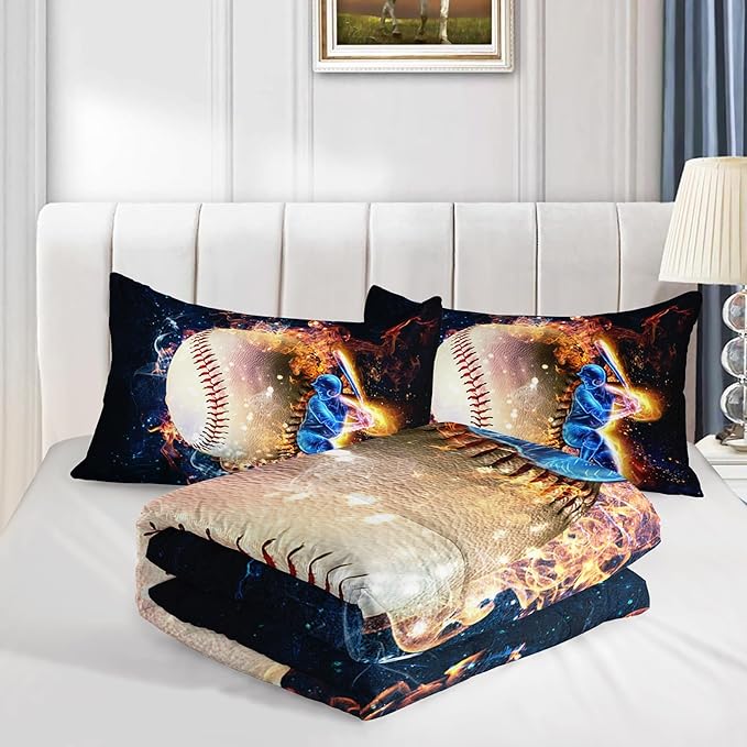 Axolotl 3D Baseball Comforter Set Full,Sports Bedding,Red Blue Water Fire Comforter Set,Sports Baseball Loveer Bedding Set,Sport Game Comforter for Kids Boys Teens Adults,1 Quilt 2 Pillowcases