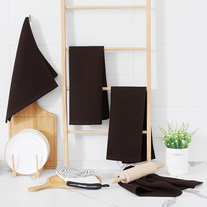 Homaxy 100% Cotton Waffle Weave Kitchen Dish Towels 8-Pack, Dark Brown | 13 x 28 Inches, Ultra Soft Absorbent Dish Towels, Quick Drying Cleaning Towels
