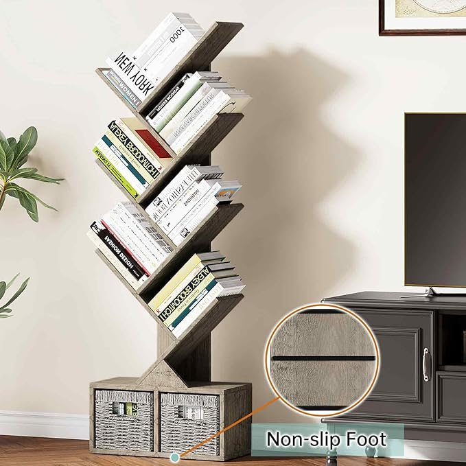Vagusicc 6 Tier Tree Bookshelf - Retro Shelf Floor Standing Bookcase with Baskets, Tall Wood Book Storage Rack for Books/CDs, Tree Utility Book Organizer Shelves for Living Room, Home Office, Bedroom