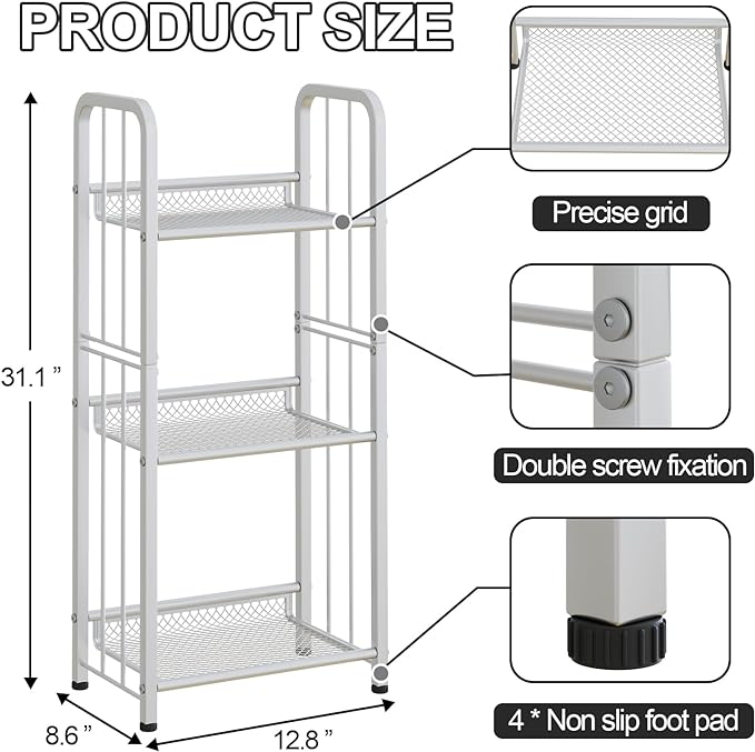 Bookshelf Storage Shelf Small Bookcase Freestanding Storage Stand for Living Room, Bedroom, Kitchen Rust Resistance, Easy Assembly Free Combination Multi-Functional Organizer (3 Tiers, White)