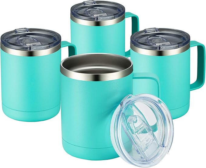 MEWAY 12oz Coffee Mug With Handle 4 Pack Bulk,Stainless Steel Insulated Travel Tumblers With Sliding Lid,Double Wall Vacuum Camping Cup for Hot & Cold Drinks Tea (Light Green,Set of 4)