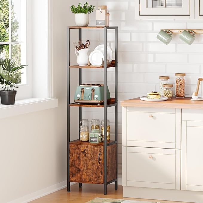 Furologee 5-Tier Bookshelf, Narrow Shelf with Storage Cabinet for Bedroom, Metal and Wood Shelf, Industrial Freestanding Display Tall Shelf for Living Room, Home Office, Bathroom, Rustic Brown