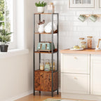 Furologee 5-Tier Bookshelf, Narrow Shelf with Storage Cabinet for Bedroom, Metal and Wood Shelf, Industrial Freestanding Display Tall Shelf for Living Room, Home Office, Bathroom, Rustic Brown