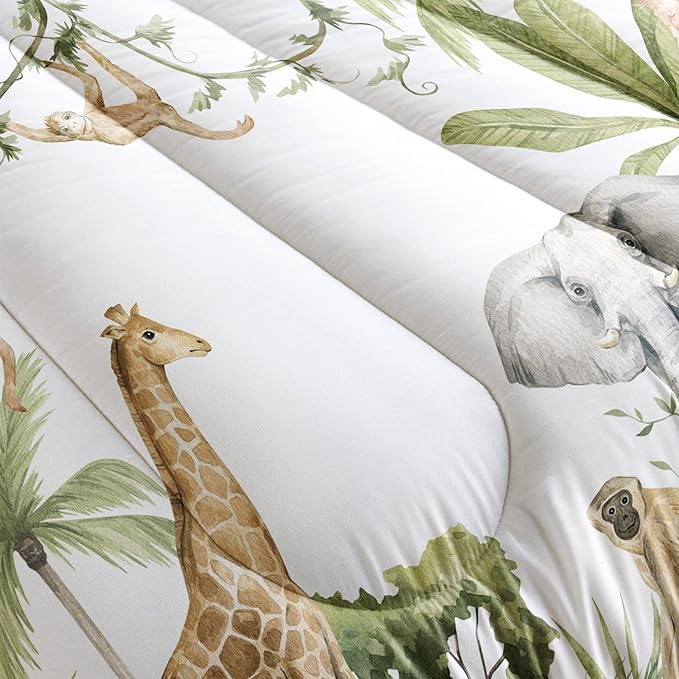 Elephant Giraffe Monkeys Comforter King Size,Wild Animals Kids Comforter Set,3Pcs Bedding Set Printed Comforter with 2 Pillowcases,Down Alternative,Soft and Lightweight,for All Seasons