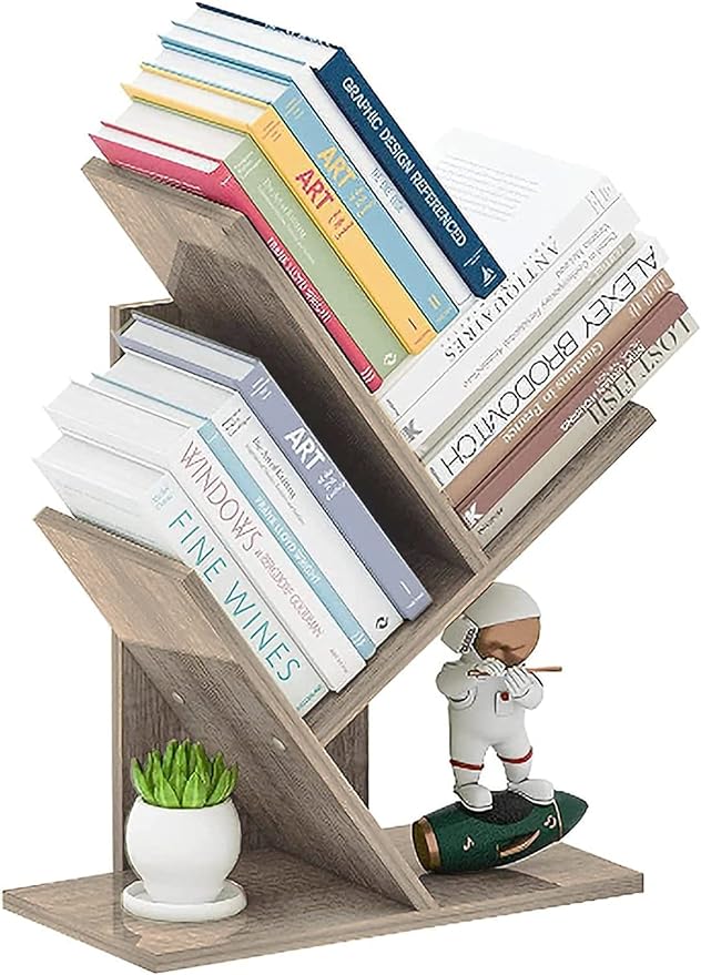Tree Bookshelf, 3-Tier Small Book Storage Organizer Shelves Floor Standing Bookcase, Wood Storage Rack for Office Home School Shelf Display for Cd/Magazine（French Oak Grey）