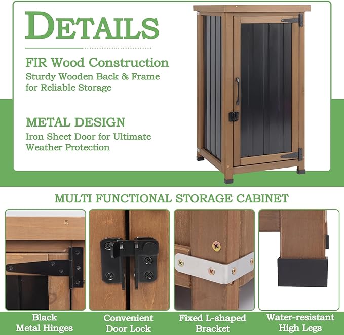 Outdoor Storage Cabinet Waterproof with Metal Top, Wooden Potting Bench Table Tool Organizer with Adjustable Shelf for Patio Backyard Garden