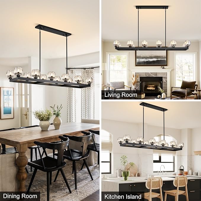 59 Inch Black Rectangle Wagon Wheel Chandeliers, Black Chandelier for Dining Room Over Table, Modern Crystal Long Chandelier, Farmhouse Large Linear Chandeliers for Kitchen Island