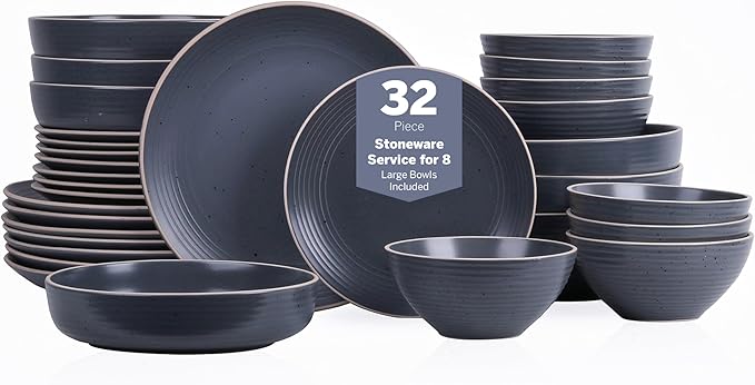 Stone Lain Lauren Stoneware, Rustic Plates and Bowls Set, Dinnerware, Service for 8, Speckled Charcoal, Dishwasher & Microwave Safe, 32-Piece