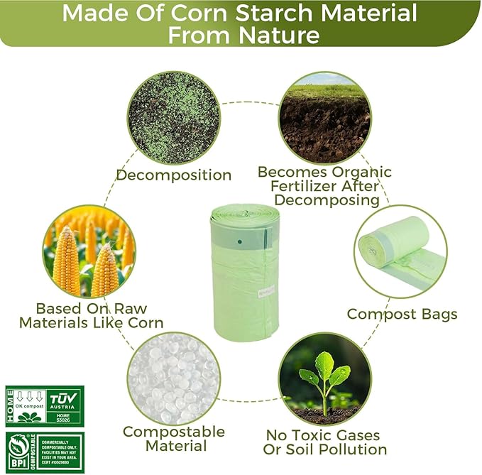 13 Gallon Compostable Trash Bags with Handle-Tie, Thick 0.87 Mil, 49.21 Liter, 30 Bags, Tall Kitchen Food Scrap Waste Bag, ASTM D6400, US BPI and OK Compost Home Certified