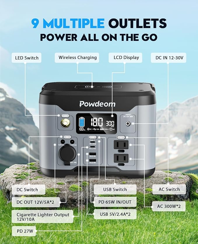 300W Portable Power Station, Powdeom 296Wh Power Bank with AC Outlet, Solar Generator Laptop Charger, Battery Backup Power Supply for Camping, Outdoors, Home Emergency Outage