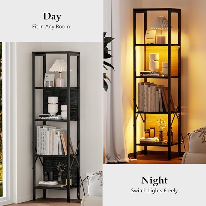 Furologee 5 Tier Book Shelf with LED Light, Tall Display Bookcase with Back, Narrow Industrial Standing Shelving Units, Metal and Wooden Storage Rack for Bedroom, Living Room, Office, Black Oak