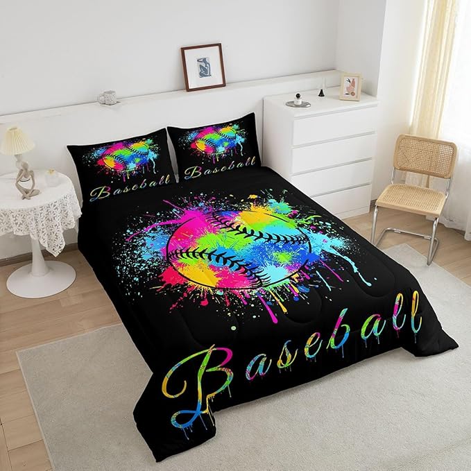 Feelyou Kids Baseball Comforter Set Twin Size Sports Game Bedding Set for Boys Girls Teens Bedroom Decor Baseball Gaming Comforter Women Men Tie Dye Duvet Set with 1 Pillow Case