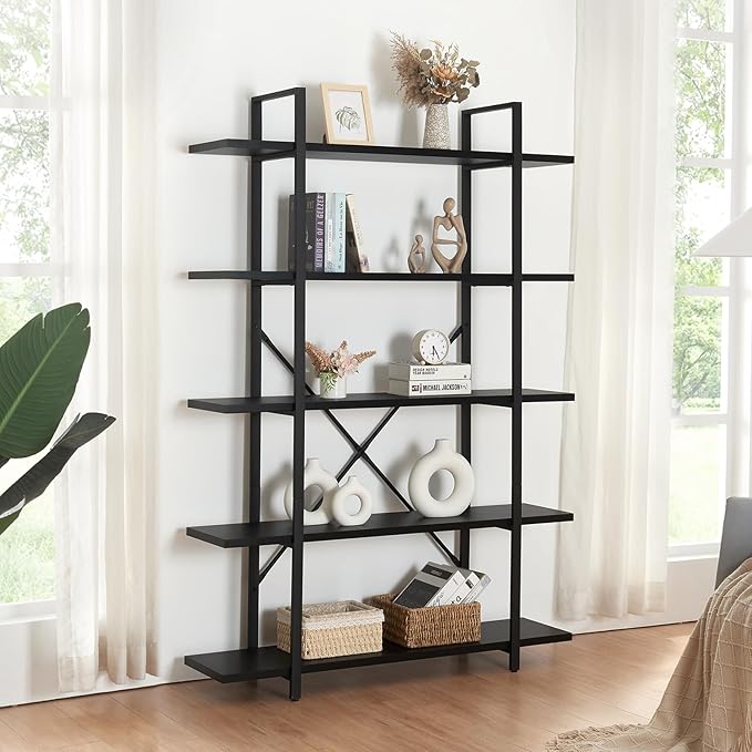 HOMISSUE Bookshelf,5-Tier Bookshelf Industrial Bookcase and Bookshelves,Rustic Storage Rack with Open Shelves for Living Room Bedroom and Kitchen