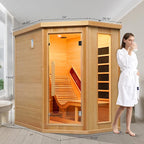 ZONEMEL 1 to 2 Person Infrared Sauna Room, Canadian Hemlock Wood Sauna with Recliner, Tempered Glass Door, 220V, 2300W, 4 Full Spectrum Heating Tubes, 4 Carbon Crystal Heating Panel, Oxygen Bar