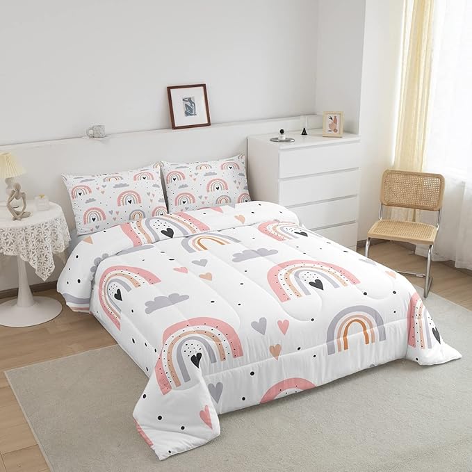 Rainbow King Bedding Sets For Girls, Kawaii Cloud Comforter Set 3 Pieces With 2 Pillow Cases, Pink Love Heart Down Comforter For Kids Boys Women Adult, Hand Drawn Cartoon Rainbow Duvet Insert