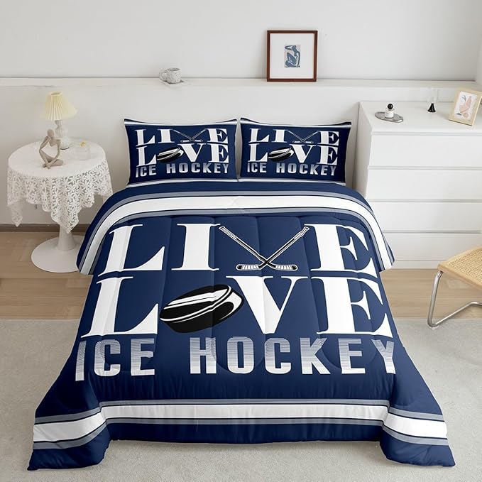 Feelyou Ice Hockey Bedding Set Queen Size Ice Sports Games Comforter Set for Kids Boys Girls Decor Hockey Player Comforter Microfiber Puck Hockey Duvet Set Bedroom Quilt Set