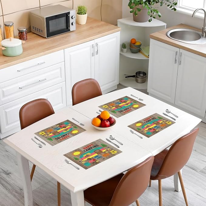 Feelyou Camper Placemat for Kitchen Dining Table 18"x12" Happy Camping Placemats Set of 4 Decor Rustic Wooden RV Camping Table Place Mats Cartoon Camping Car Indoor Outdoor Decor Table Mats