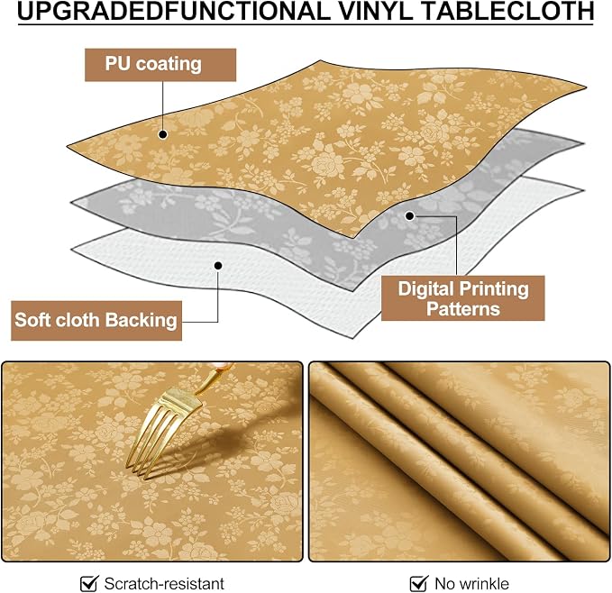 Smiry Rectangle Waterproof Heavy Duty Vinyl Tablecloths, 60 x 84 Inch | Wipeable Washable Floral Embossed Table Cover for Kitchen and Dining Room, Indoor & Outdoor Use, Gold