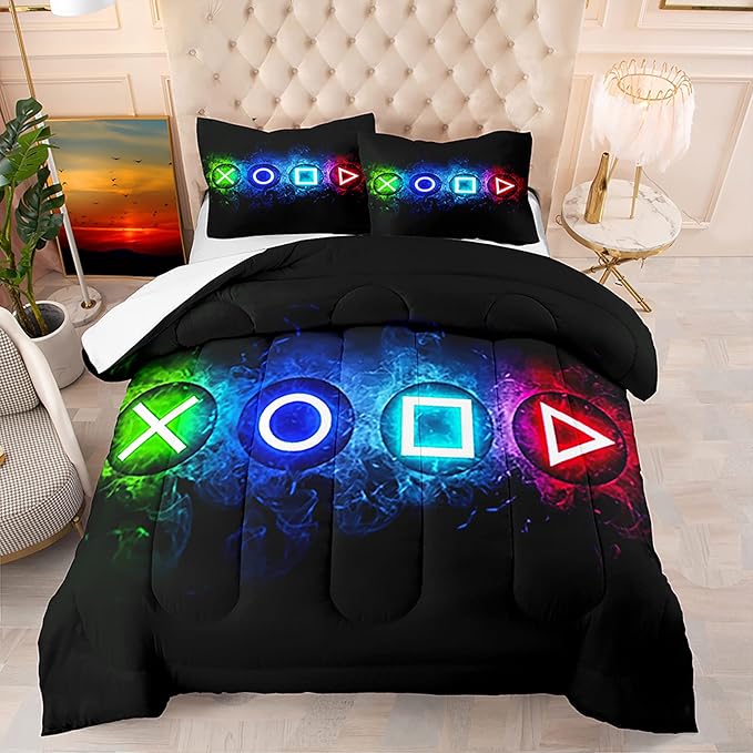 Gaming Comforter Sets for Boys, Gamer Bedding Sets for Boys Queen Size, Black Gaming Gamepad Soft Kids Comforter Sets Boys Bedroon, 1 Comforter and 2 Pillowcases
