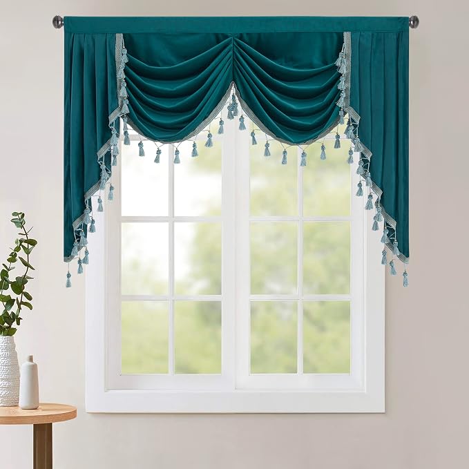 Elegant Velvet Waterfall Valances Curtain W59 inches, 1 Panel | Thermal Insulated Tier Window Decor for Bay Window, Bedroom, Kitchen, Classic Style Valances for Living Dining Room