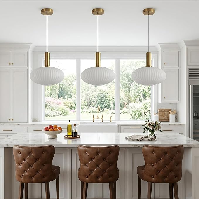 KCO Mid Century Modern Gold 12” Large White Milk Ribbed Glass Pendant Light | E26 Base, Adjustable Height, Lantern Shade Vintage Brass Hanging Light for Sloped Ceiling Kitchen Island Sink Dining Room Bar