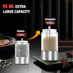 Electric Salt and Pepper Grinder Set with External Coarseness Adjustment, 95ml Large Capacity Automatic Pepper Mill, USB-C Charging Base with LED Light, Stainless Steel Spice Grinder, 2-Piece Set