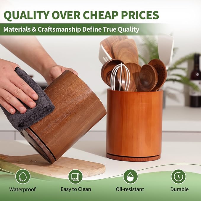 Wood Utensil Holder, 360° Rotating 7.3 in Kitchen Organizer | Rustic farmhouse countertop decor. 360° rotating base holds spatulas, ladles, tongs, and cooking tools. Rich cherry finish