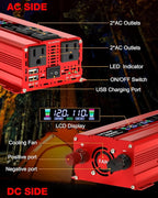 LVYUAN 1000W Car Power Inverter 12V to 110V DC to AC with 4 US Sockets, Cigarette Lighter, LCD Display, USB Ports for Car, Home,Outdoor, Camping