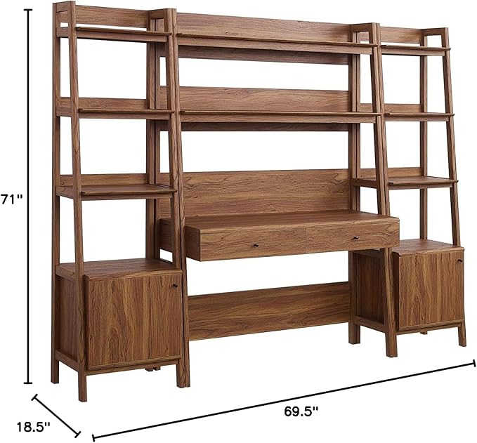 Modway Bixby 3-Piece Home Office Desk and Bookshelf Display Case in Walnut
