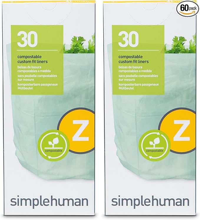 simplehuman Code Z Compostable Custom Fit Liners, Certified Compostable Trash Bags for Compost Caddy, Plant-Based PVOH Plastic, Backyard or Commercial Composting, 4 Liter / 1 Gallon (Pack of 60)