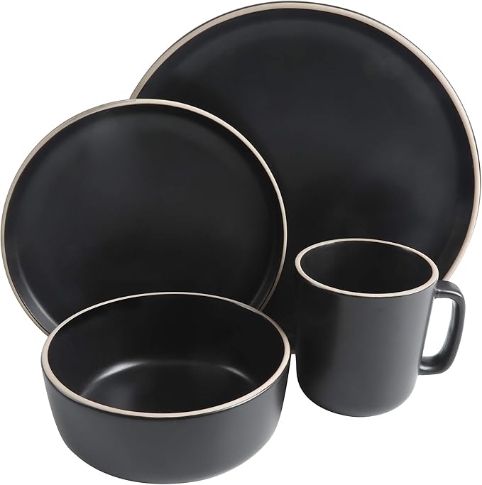 Gibson Home Zuma 16 Piece Round Kitchen Dinnerware Set, Dishes, Plates, Bowls, Mugs, Service for 4, Matte Stoneware, Black