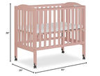 2-in-1 Portable Folding Stationary Side Crib in Dusty Pink, Greenguard Gold Certified, Two Adjustable Mattress Height Positions,Made of Solid Pinewood, Flat Folding Crib