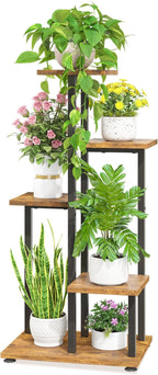 LASZOLA Black 5 Tiered Wood Plant Stand Indoor for Large Heavy Duty Planter, Sturdy Multi Level Corner Vertical Flower Rack for Narrow House, Rustic Tall Orchid Shelving Holder for Decor, Space Saving