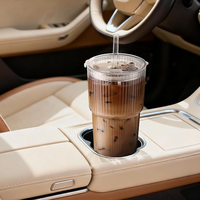 Iced Coffee Cups with Lids 2Pcs: Ribbed Glass Tumbler with Straw and Lid 20oz - Vintage Glass Cups with Lids and Straws - Tumbler Leak Proof Aesthetic Drinking for Coffee Bar Accessories