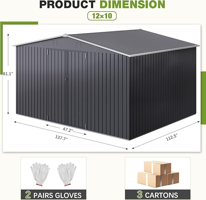 Polar Aurora Outdoor Storage Shed, Metal Garden Shed with Updated Frame Structure, Tool Sheds for Backyard Garden Patio Lawn (Black, 12x10 FT)