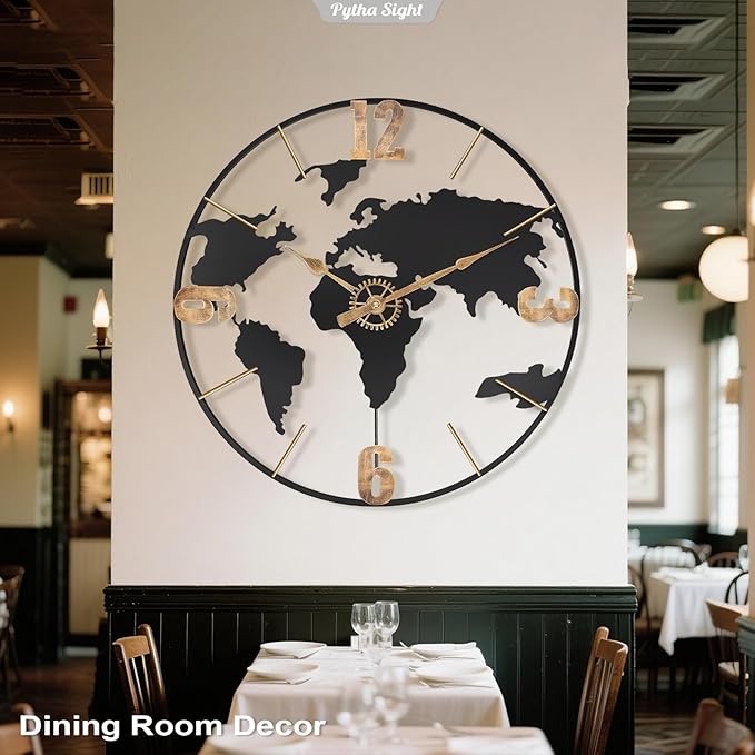 30 Inch Large Modern Decorative Metal World Map Wall Clocks Giant Extra Vintage Gold Arabic Numeral Oversized Wall Clock for Living Room,Office,Dining Room,Entryway,Fireplace