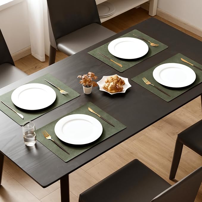 MOSAYT Vinyl Placemats Set of 6-12 X 17 Inch - Faux Leather 100% Waterproof Oil-Proof Wipeable PU Place Mats, Heat Resistant Reversible Table Mats for Kitchen, Dining, Outdoor, Olive Green
