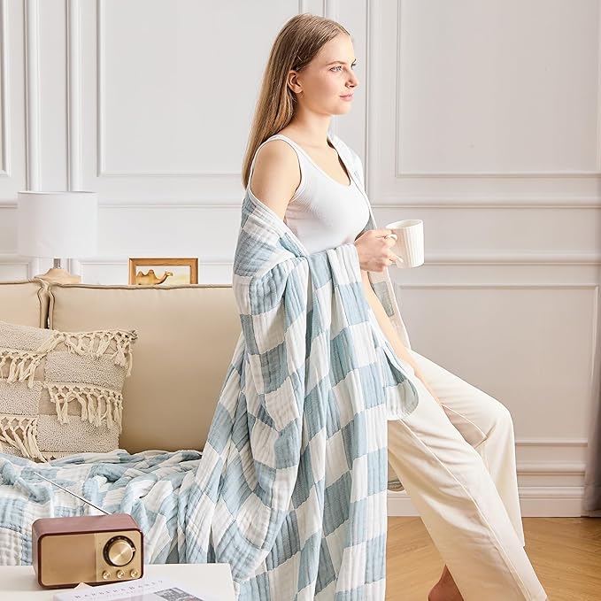 EMME Checkered Cotton Blanket Twin Large 60"x80" 100% Muslin for Couch Breathable Cooling Gauze All Season Soft and Lightweight (Teal)
