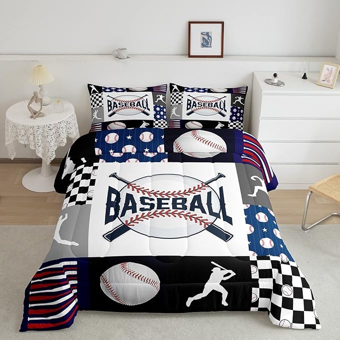 Baseball Bedding,Kids Sports Baseball Comforter Set For Boys Girls Twin Size,Teen Baseball Quilt Set Sport Fans Room Decor,Patchwork Geometric Checkered Comforter Balck white Navy Blue 1 Pillowcase